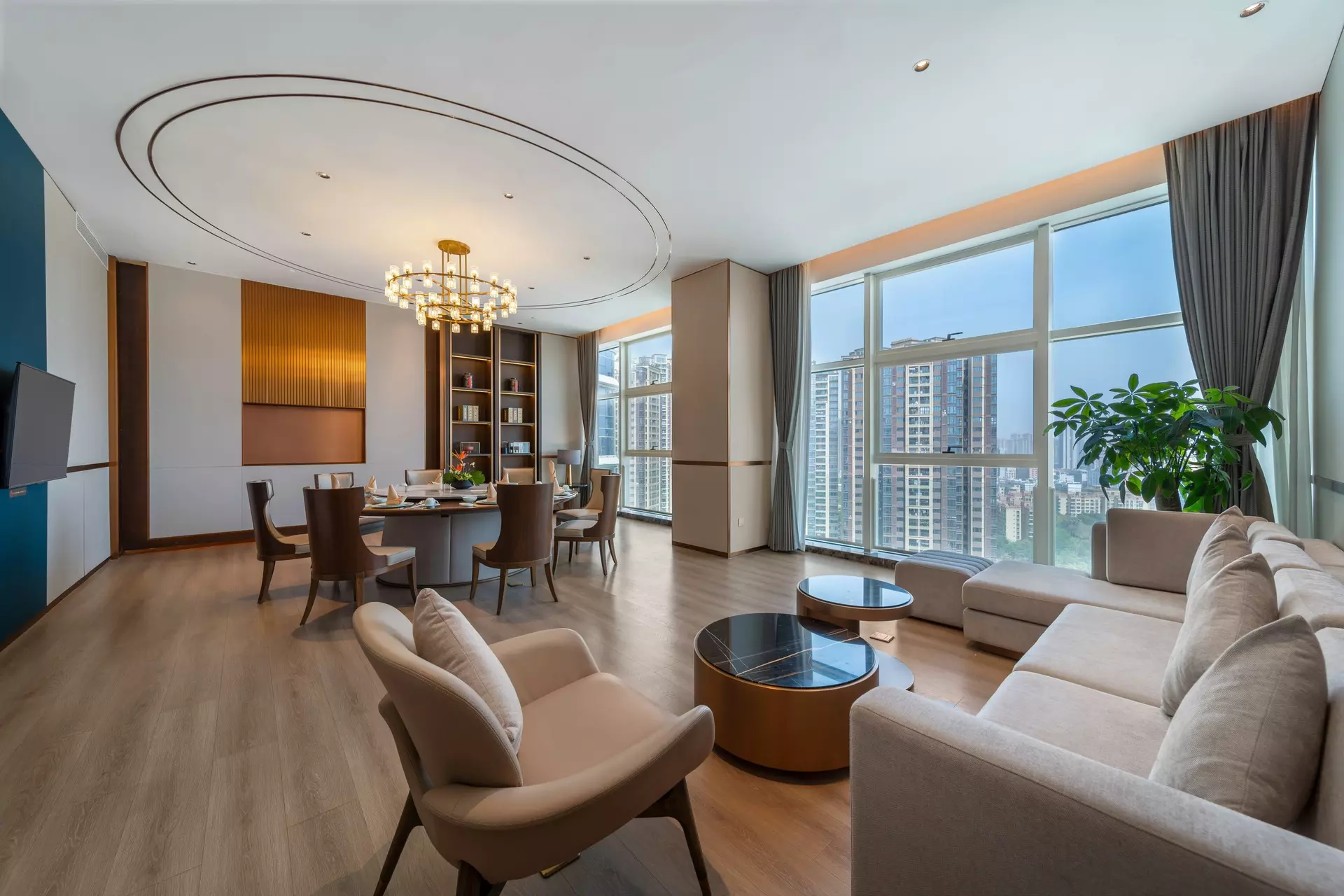 Bespoke wood paneling and ambient light integration in VIP dining suite