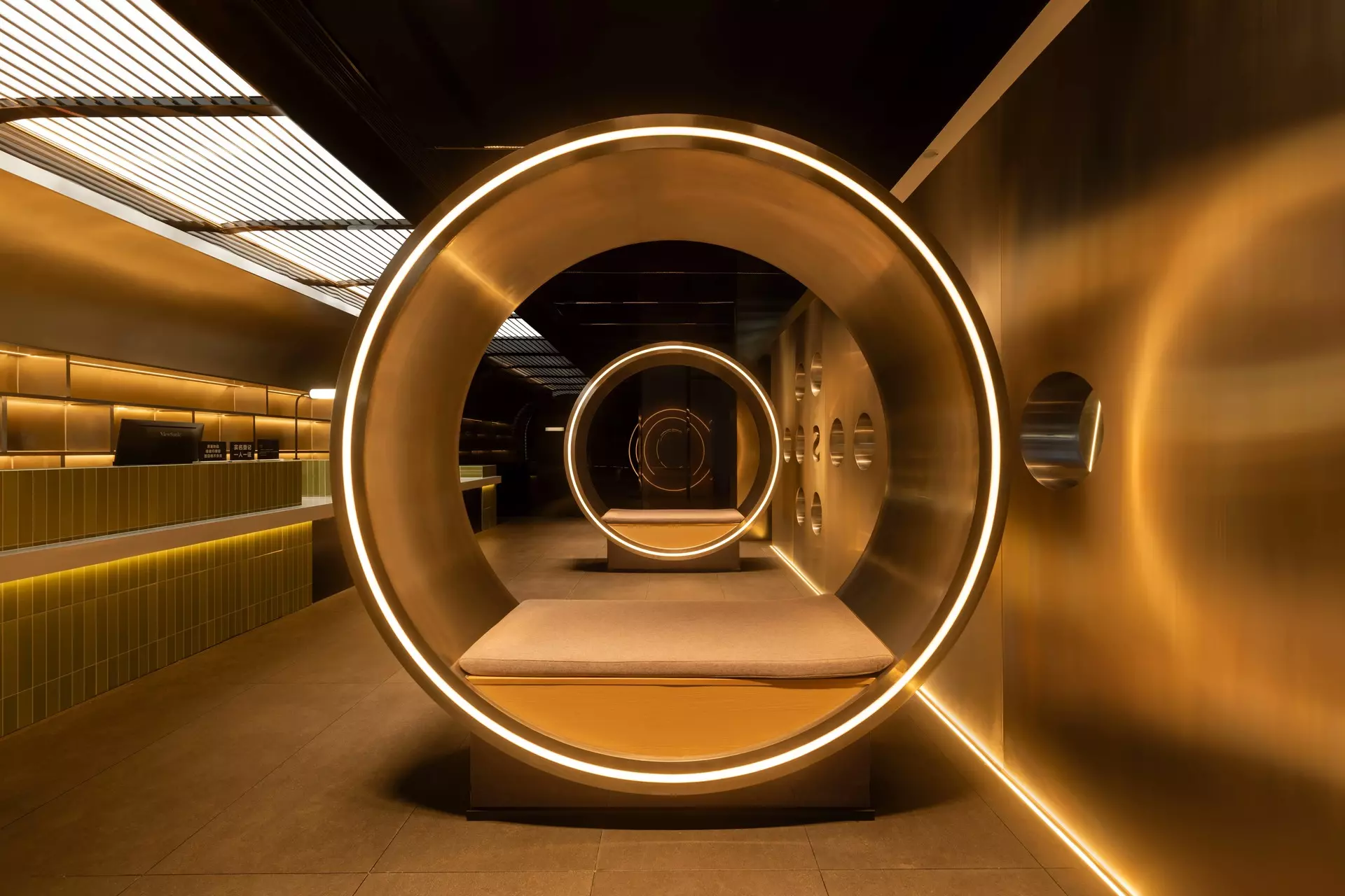 Custom hospitality engineering featuring geometric wood configurations