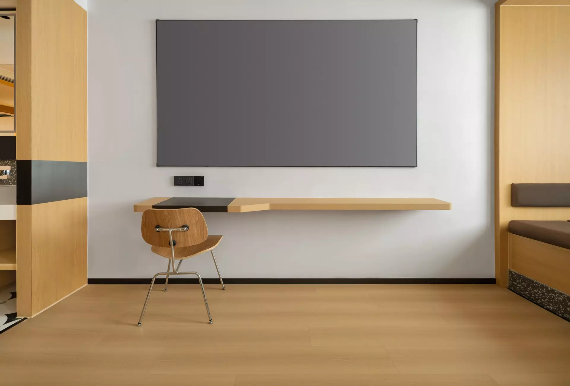 Linear geometric ceiling details and architectural wall panel alignment